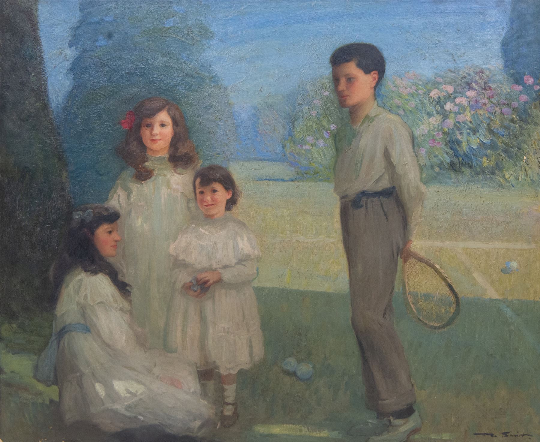 Mark Senior (Staithes Group 1864-1927): The Ives Family, on the Edge of the Tennis Court, oil on canvas signed 126cm x 151cm 
Provenance: direct from the family of the artist, formerly in the collection of Mrs M.V. Hudson, the artist's daughter; exh. 'Mark Senior 1862-1927', Elizabethan Exhibition Gallery, Wakefield, 16th April - 2nd July 1983, no. 8. 
Notes: the Ives family owned a Leeds worsted manufacturing firm. In 1914 Senior exhibited a portrait of Miss Gladys Ives in the National Portrait Society's annual exhibition. 
Notes: sold together with a copy of a photograph of the artist painting the present lot. In the photograph, two of the young girls are wearing hats, which do not appear in the finished work. Reputedly, the girls' mother, who commissioned the painting, did not like that they obscured the girls' faces and had Senior remove them. Tennis was a favoured subject Senior, alongside other British Impressionists such as Sir John Lavery; his 'The Tennis Player', sold Christie's 15th July 2021 Lot 140, set the record auction price for the artist.