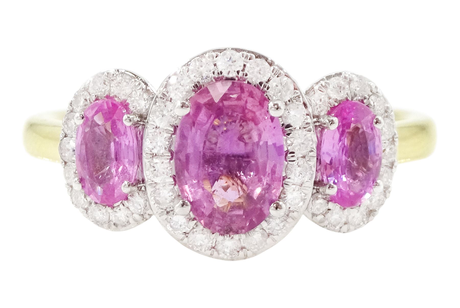 18ct gold pink sapphire and diamond trilogy ring, three oval cut sapphires surrounded by round brilliant cut diamonds, hallmarked, total sapphire weight approx 1.45 carat, total diamond weight approx 0.25 carat