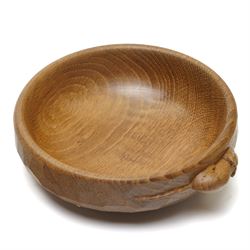 Mouseman - oak circular nut bowl with adzed exterior and carved mouse signature by the wor...