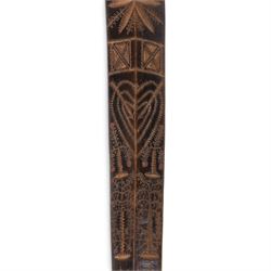 19th century stay busk, of typical triangular form carved with hearts and stylised flowers, with two carving of birds to the verso, L29cm