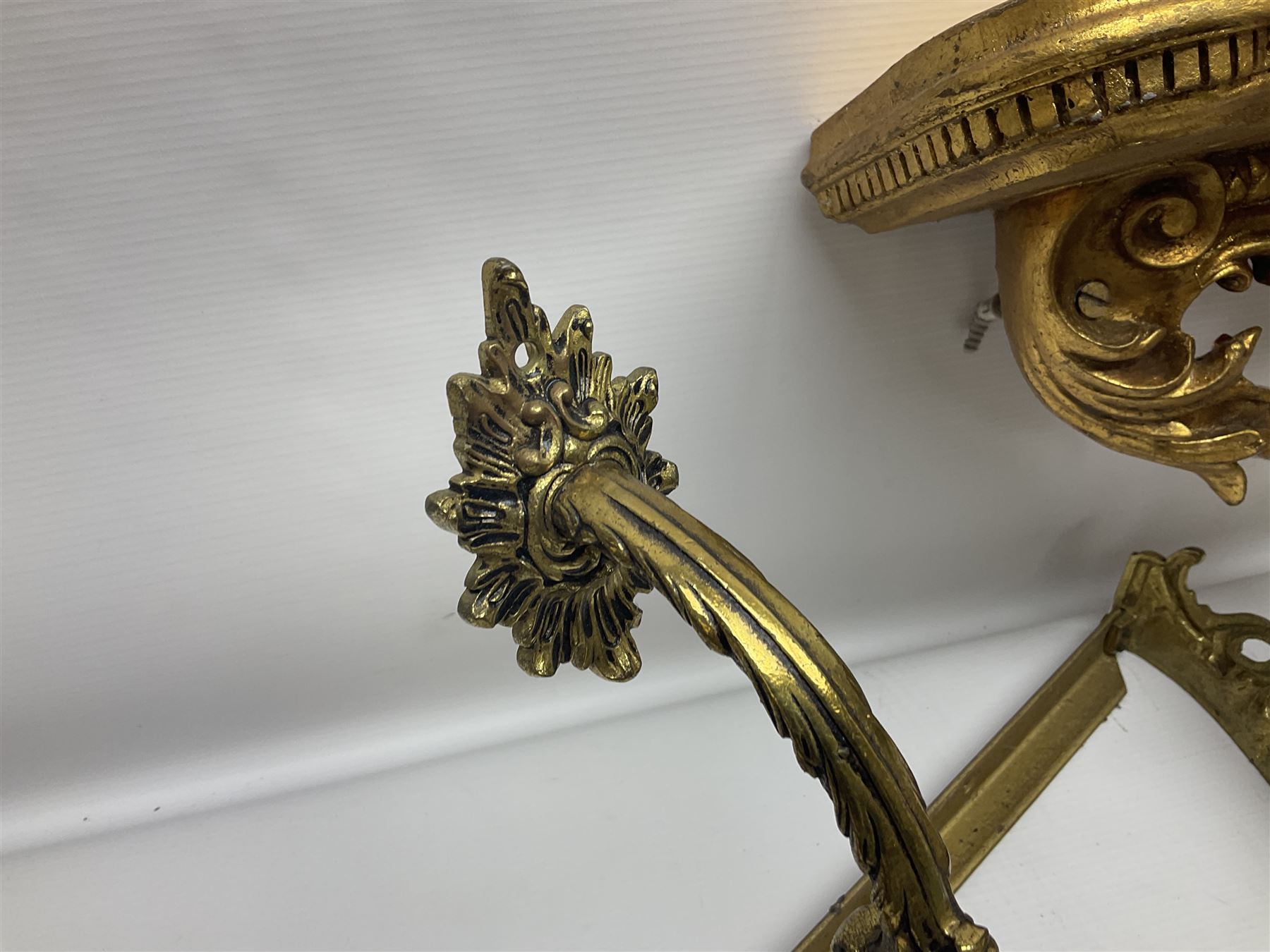 Five various giltwood and other hall brackets, one with marble top; and Viking ship table lamp