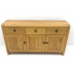  Light oak sideboard, three drawers above three cupboards, stile supports, W165cm, H86cm, D45cm  