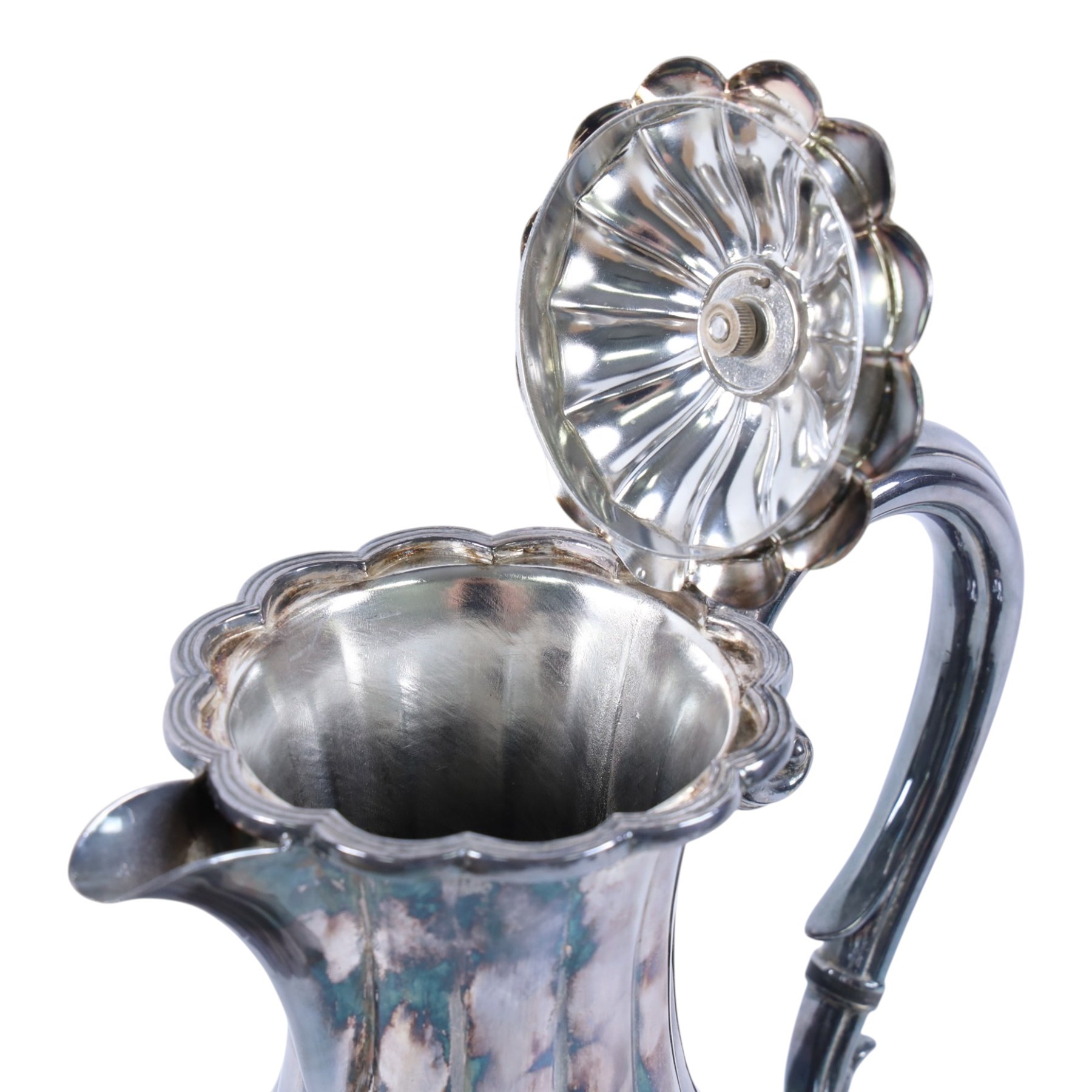 Early 20th century silver plated four piece melon-shaped tea service by James Dixon & Son Sheffield, comprising teapot, hot water jug, milk jug and open sucrier, together with a silver plated twin handled tray with engraved floral decoration