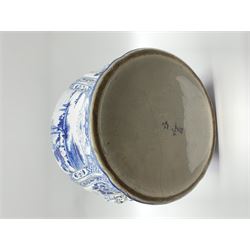 Large 20th century Delft blue and white jardinière, of baluster form with twin zoomorphic mask lug handles, decorated with hand painted panels of waterside scenes, within foliate surround, impressed and painted marks beneath for De Porceleyne Fles workshop, Delft, H35cm, rim D32