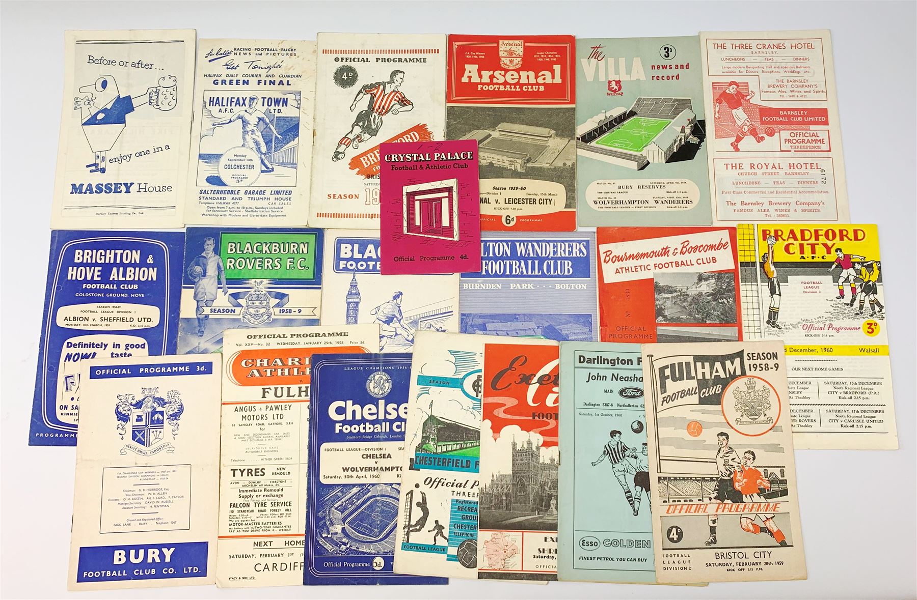 Twenty 1950s and later football programmes including Arsenal, Villa, Barnsley, Brentford, Blackburn, Blackpool, Bolton, Bournemouth, Bradford City, Brighton, Burnley, Bury, Charlton, Chelsea, Chesterfield, Crystal Palace, Darlington, Exeter, Fulham and Halifax
