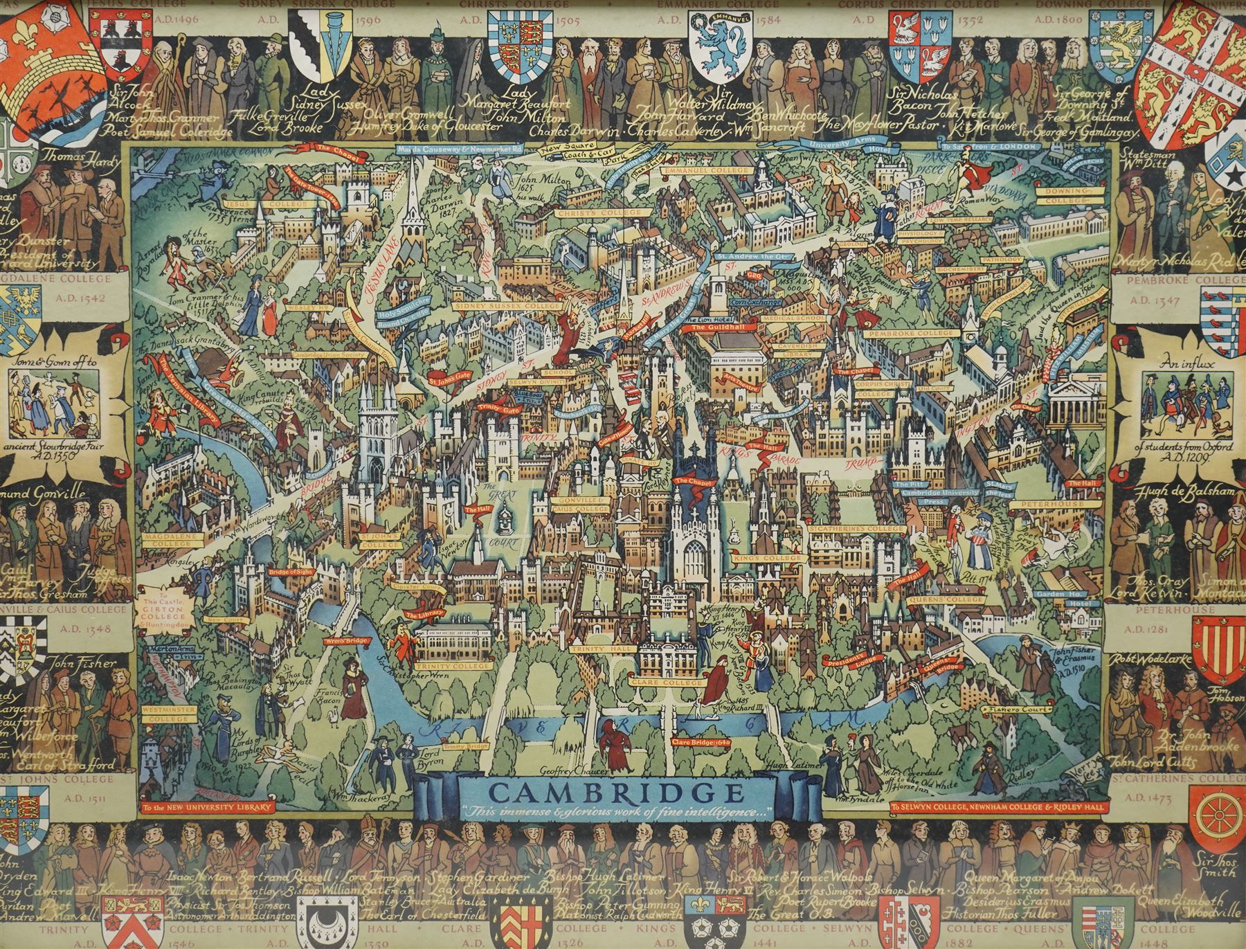 Kerry Lee (British 1902-1988): 'Cambridge', pictoral colour lithograph map pub. c.1947, 44cm x 58cm