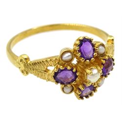 Silver-gilt amethyst and pearl flower cluster ring, stamped Sil