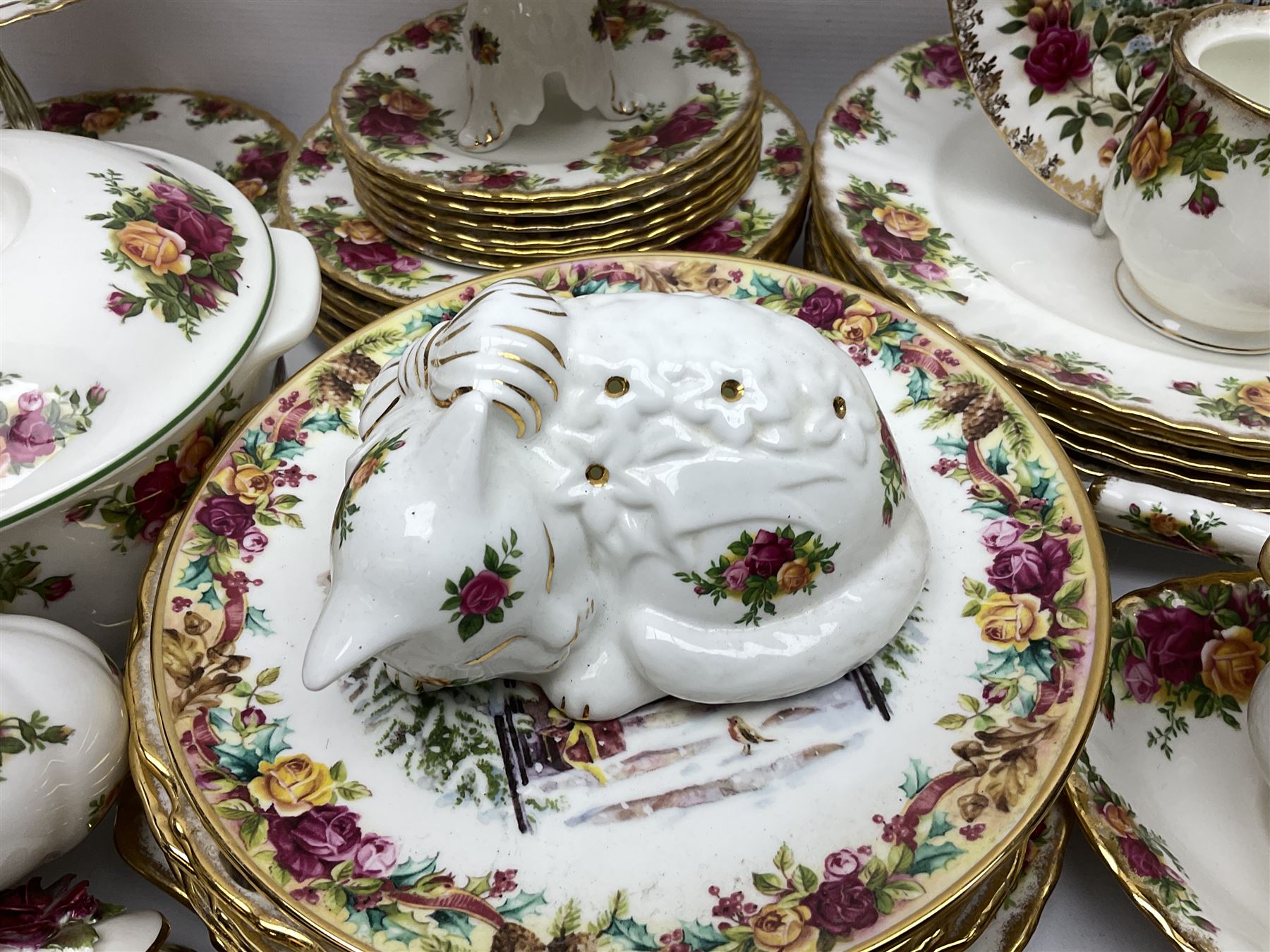 Royal Albert Old Country Roses pattern part tea and dinner service, including coffee pot, miniature teapot and stand, eight dinner plates, cake stand, sauce boat etc 