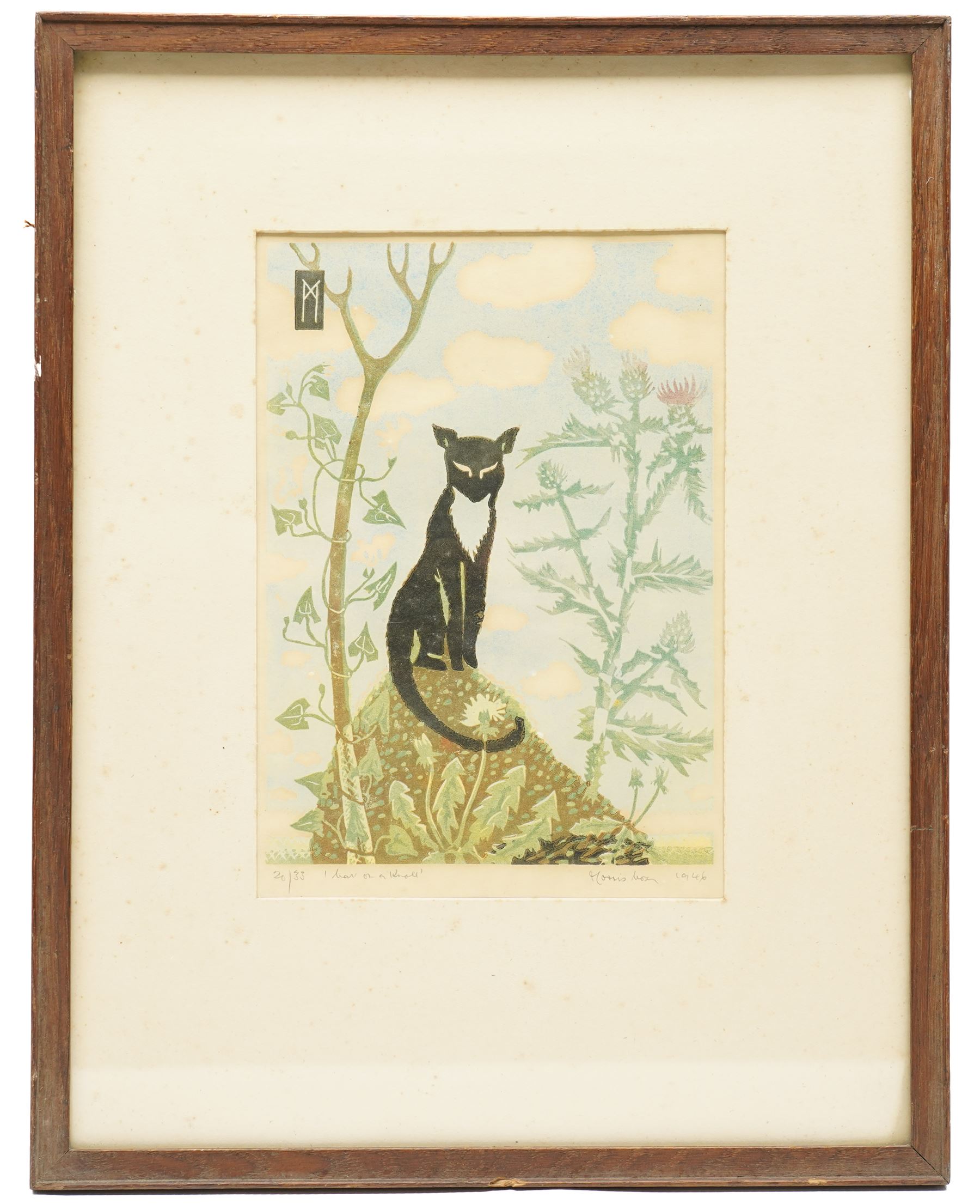 Morris Cox (British 1903-1998): Cat on a Knoll, limited edition woodcut signed titled dated 1946 and numbered 20/33 in pencil, 21.5cm x 15cm
