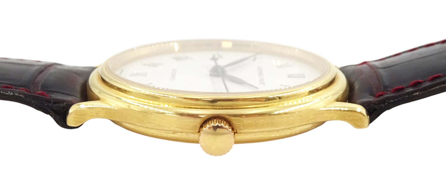 Audemars Piguet gentleman's 18ct gold automatic wristwatch, Ref. 14406 / 002, Cal. 2125, white dial with Roman numeral hour markers and date aperture, on brown leather strap, with original certificate, purchased through Harrods and dated 1997 