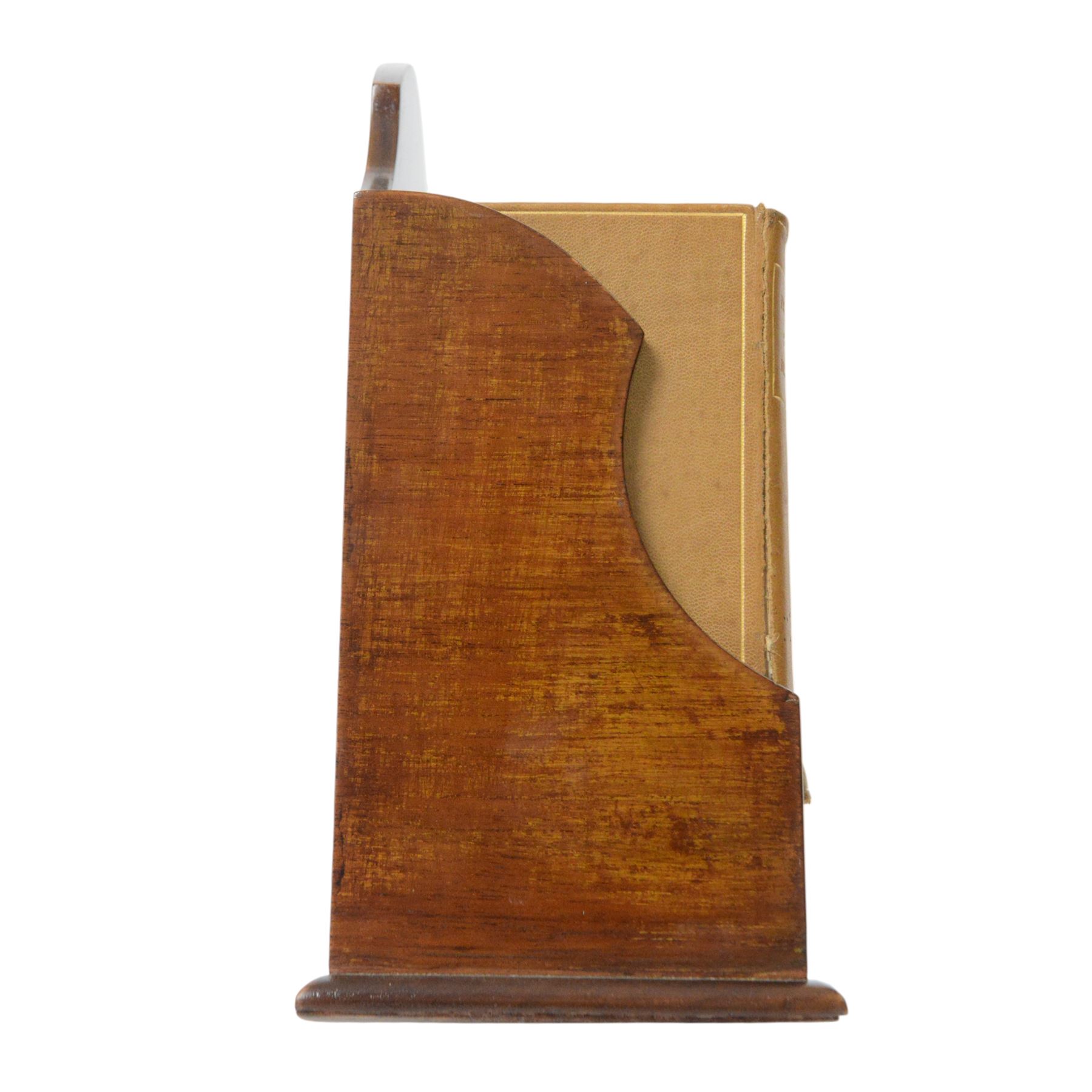 Edwardian Asprey mahogany desktop book trough, the segmental arched back with inlaid fan patera and serpentine shaped sides, above single recess and moulded base rail, housing Asprey & Co Ltd leather bound reference library, comprising Dictionary, French and English Dictionary, English Quotations and Proverbs, Classics and Mythology, Encyclopedia, French and Latin Quotations, Gazetteer, and Atlas, book trough, 22cm x 22.5cm x 11cm
