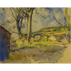  Fred Lawson (British 1888-1968): Trees near a Barn, watercolour pen and ink signed 30cm x 38cm  DDS - Artist's resale rights may apply to this lot    