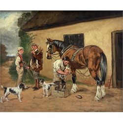 S Martin (British 19th/20th century): 'Settling the Bargain' and 'The Village Blacksmith', pair oils on canvas signed titled and dated 1906, 24cm x 29cm (2)