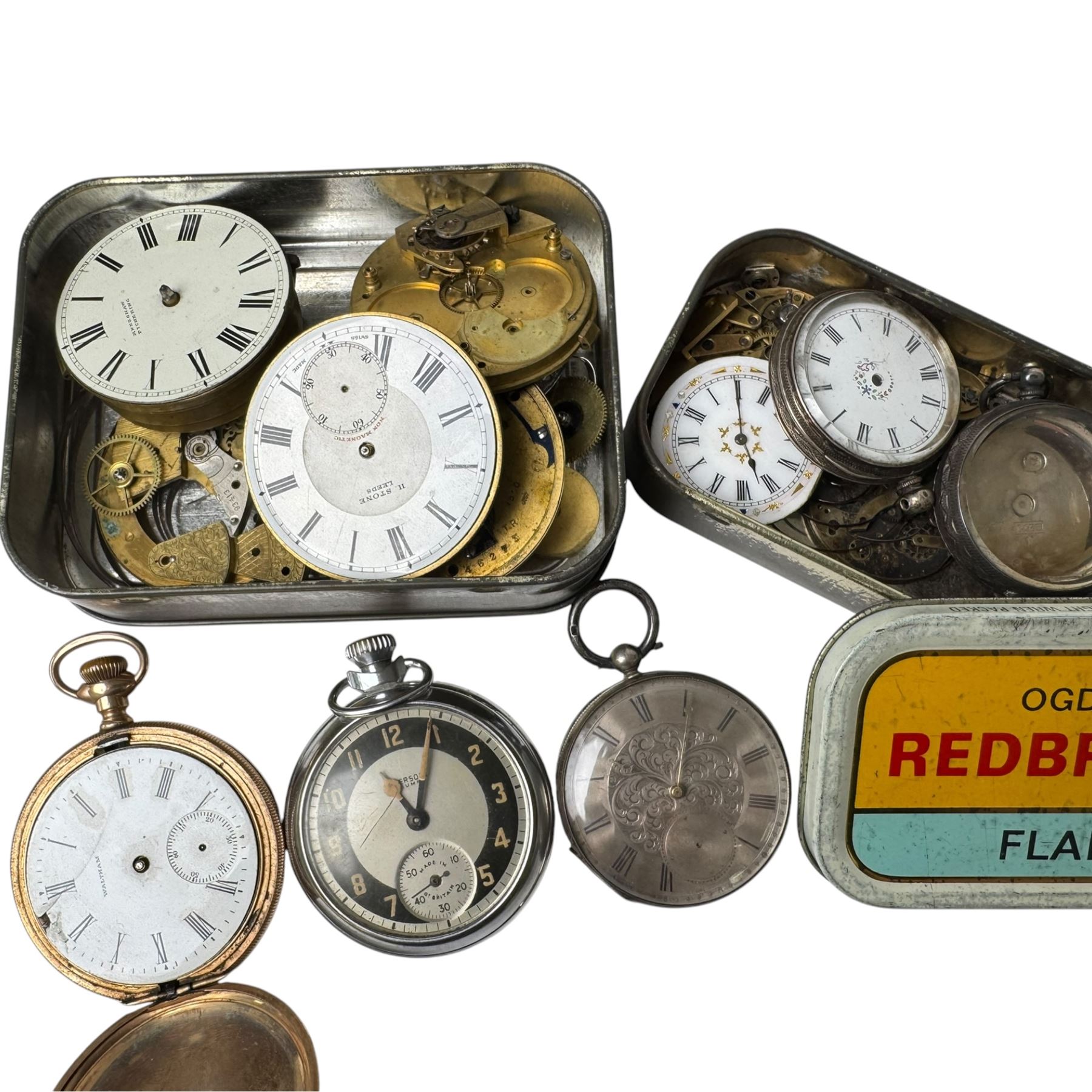 Collection of pocket watches and parts including four silver cased, two 8 Days and an alarm