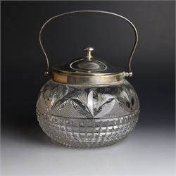 1920s silver mounted cut glass biscuit barrel, the ovoid glass body with square and hobnail cut decoration, with silver lid, collar and swing handle, hallmarked Cooper Brothers & Sons Ltd, Sheffield 1925, H15cm