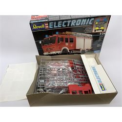 Two Revell Electronic 1/24th scale model kits of fire-engines - Mercedes Benz 1017 LF16 and part constructed Mercedes Benz 1422 DLK 23-12; together with Revell 1/24th scale firemen figures; and Airfix 1/32nd scale model kit of a Dennis Fire Engine; all boxed with instructions (4)