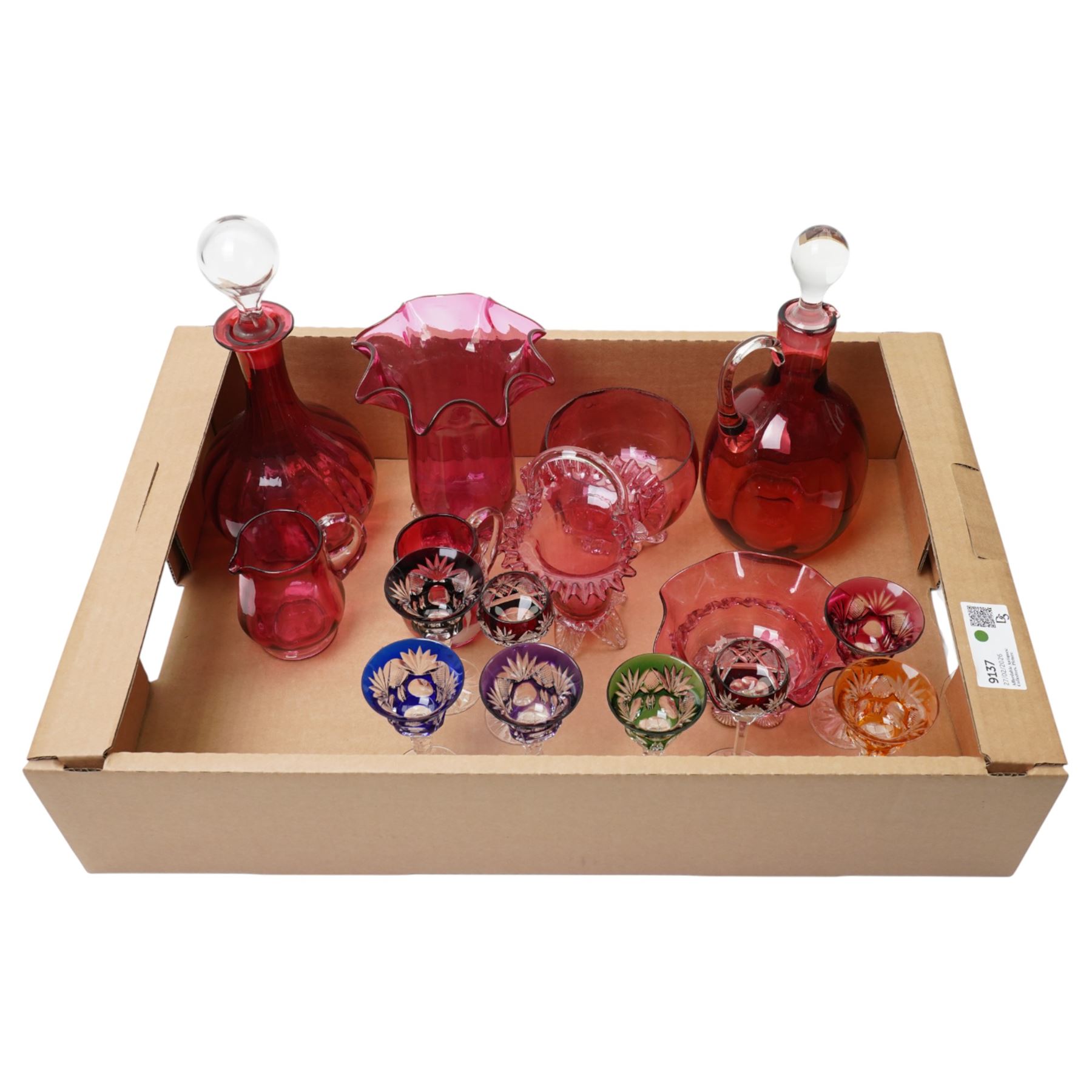 Cranberry glass decanter, claret jug, Mary Gregory style vase, glasses with coloured bowls etc