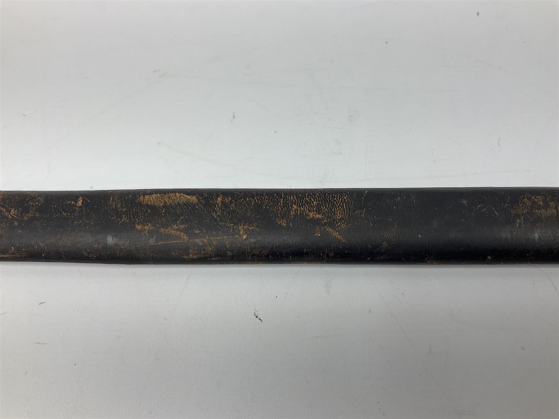 Reproduction Scottish basket hilted broadsword with 85cm double edged steel blade and red lined basket hilt with wire bound grip, in white metal mounted leather scabbard 107cm overall