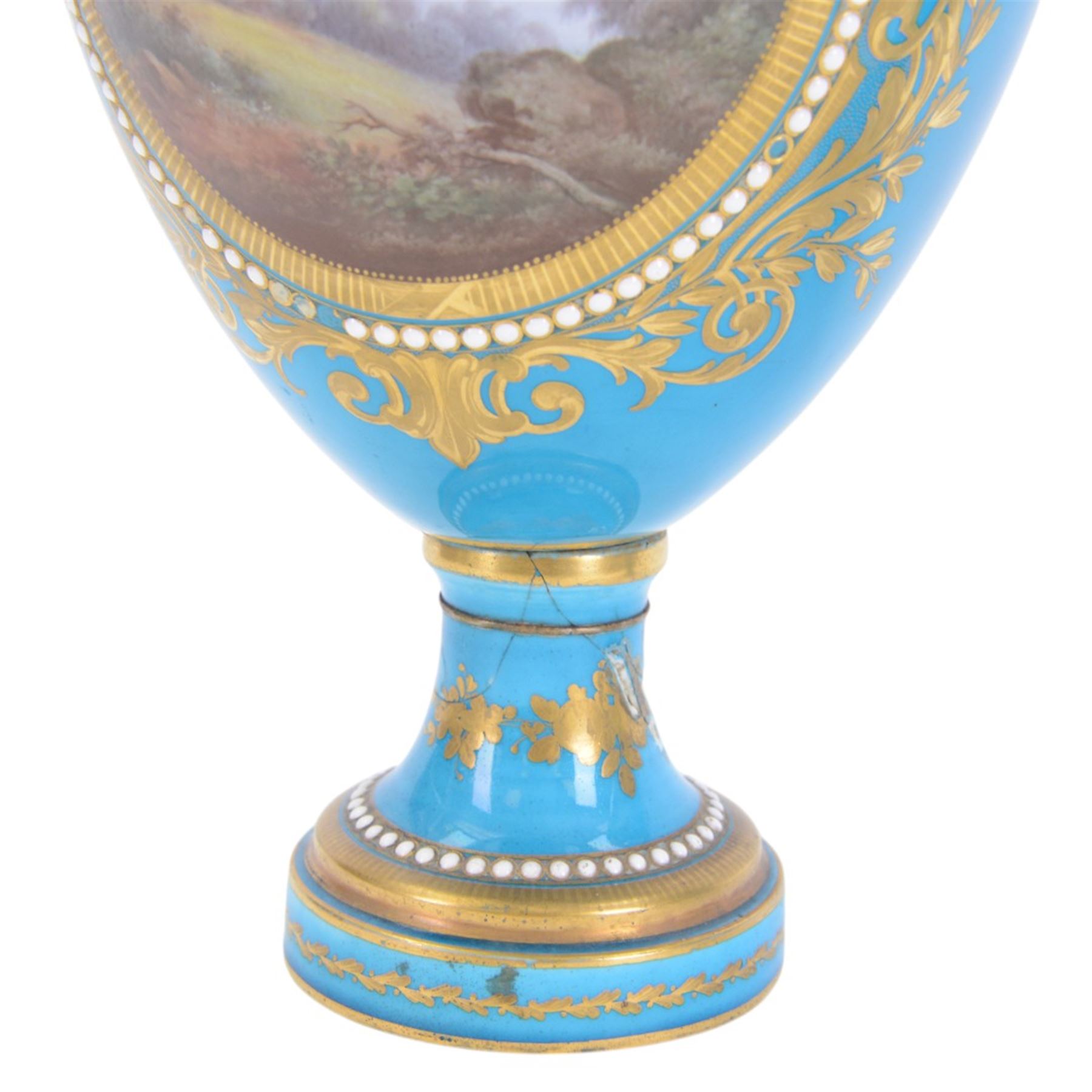Pair of late 19th century Sevres style vases, each of urn shaped form with twin mask mounted raised handles, decorated with romantic figural and landscape panels within 'jewelled' and gilt foliate borders, with pseudo Sevres marks beneath, H35.5cm