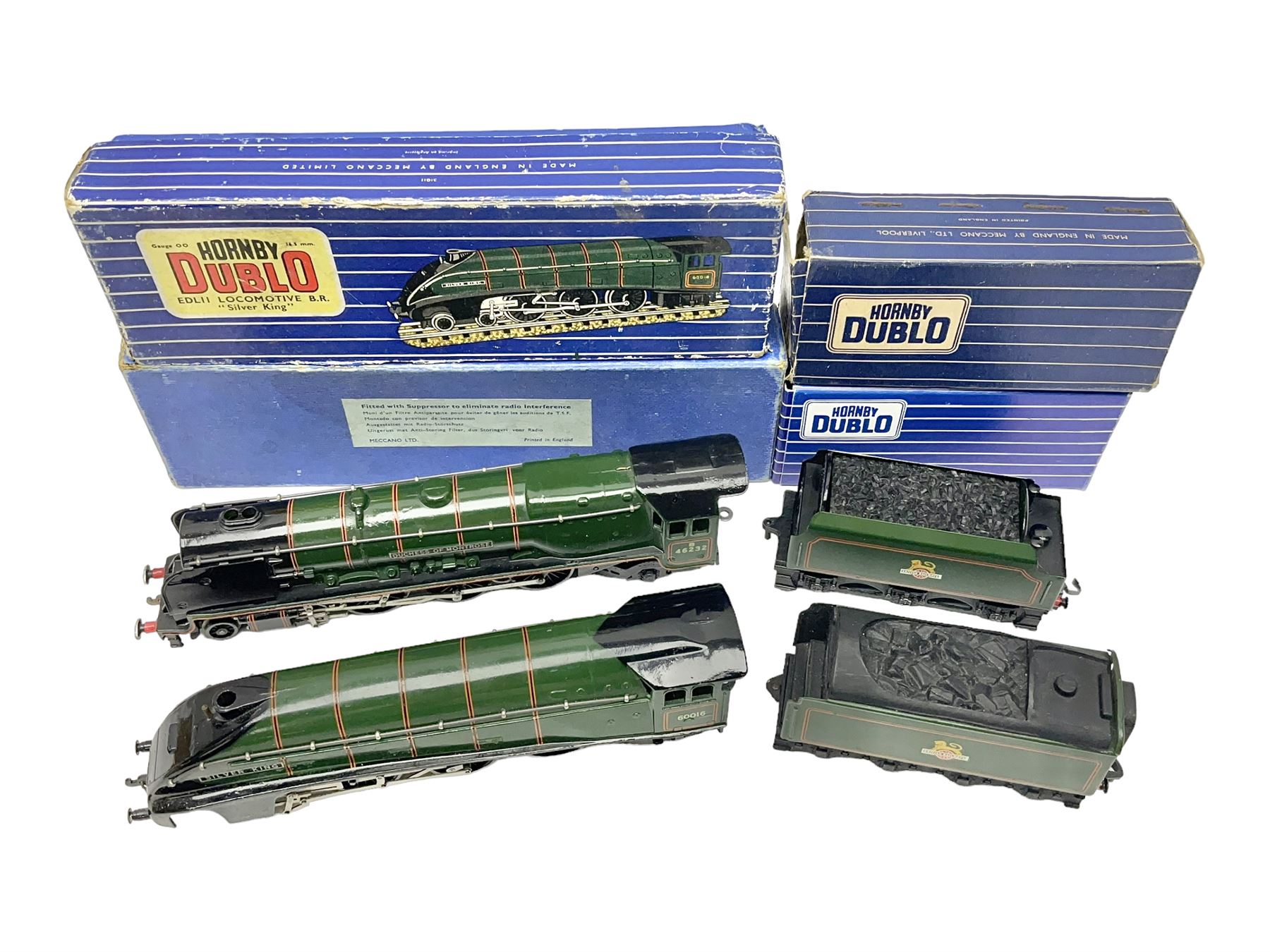 Hornby Dublo - 3-rail - Duchess Class 4-6-2 locomotive 'Duchess of Montrose' No.46232 in BR gloss green and original plain blue box; with tender in separate Tony Cooper box; and Class A4 4-6-2 locomotive 'Silver King' No.60016 in BR gloss green and original box; with tender in separate box (4)
