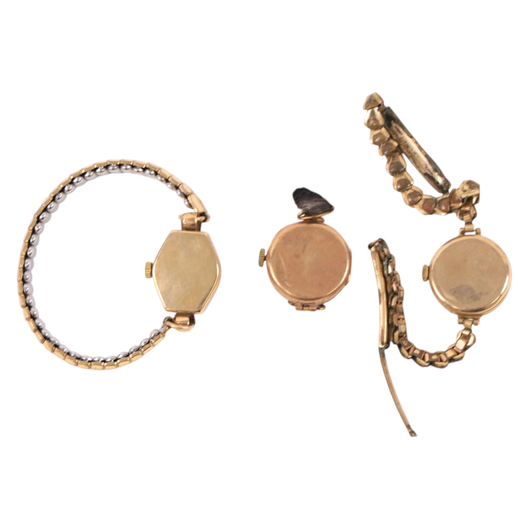Four 9ct gold manual wind wristwatches, three on gold-plated bracelet straps