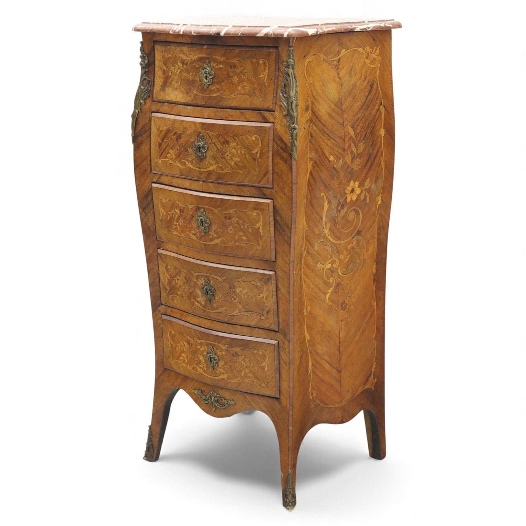 20th century Louis XV style kingwood chest, serpentine rectangular rouge marble top above five graduated drawers with ornate gilt metal handles and escutcheons, the sides inlaid with floral marquetry panels, raised on shaped cabriole supports