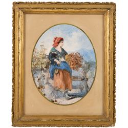 Manner of Henry Edrington Hobson (British 1820-1881): Woman Gathering Kindling, gouache unsigned; together with Dutch School (19th/20th century): Fishermen Conversing, mixed media signed B T max 19.5cm x 15.5cm (2)