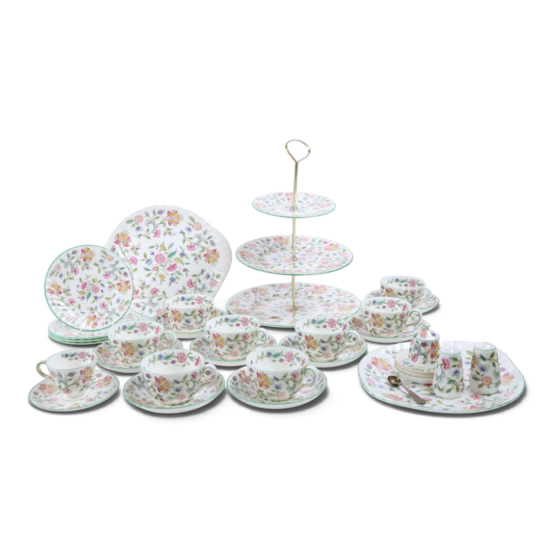 Minton Haddon Hall tea wares, including cake stand, eight cups and saucers, salt and pepper, etc 