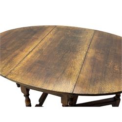 19th century oak dining table, oval drop-leaf top on gate-leg action base, turned supports united by turned stretchers, fitted with single end drawer