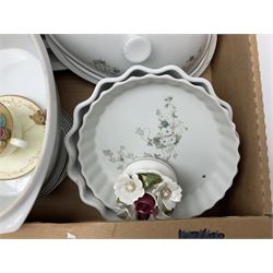 Large quantity of Porcelana Real Brasil White Blossom pattern tea and dinner wares, to include dinner plates, tea cups and saucers, salt and pepper pots, tureens, pie dishes coffee pots, place mats, spoons and glasses, etc, in five boxes 