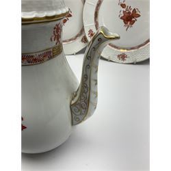 Herend Chinese Bouquet Rose pattern tea service comprising teapot, coffee pot, open sucrier, six cups and saucers, six tea plates, cream jug and stand, milk jug, two teabag holders, preserve pot, two leaf shaped dishes, four egg cups, salt & pepper pots, pair side plates and another plate
