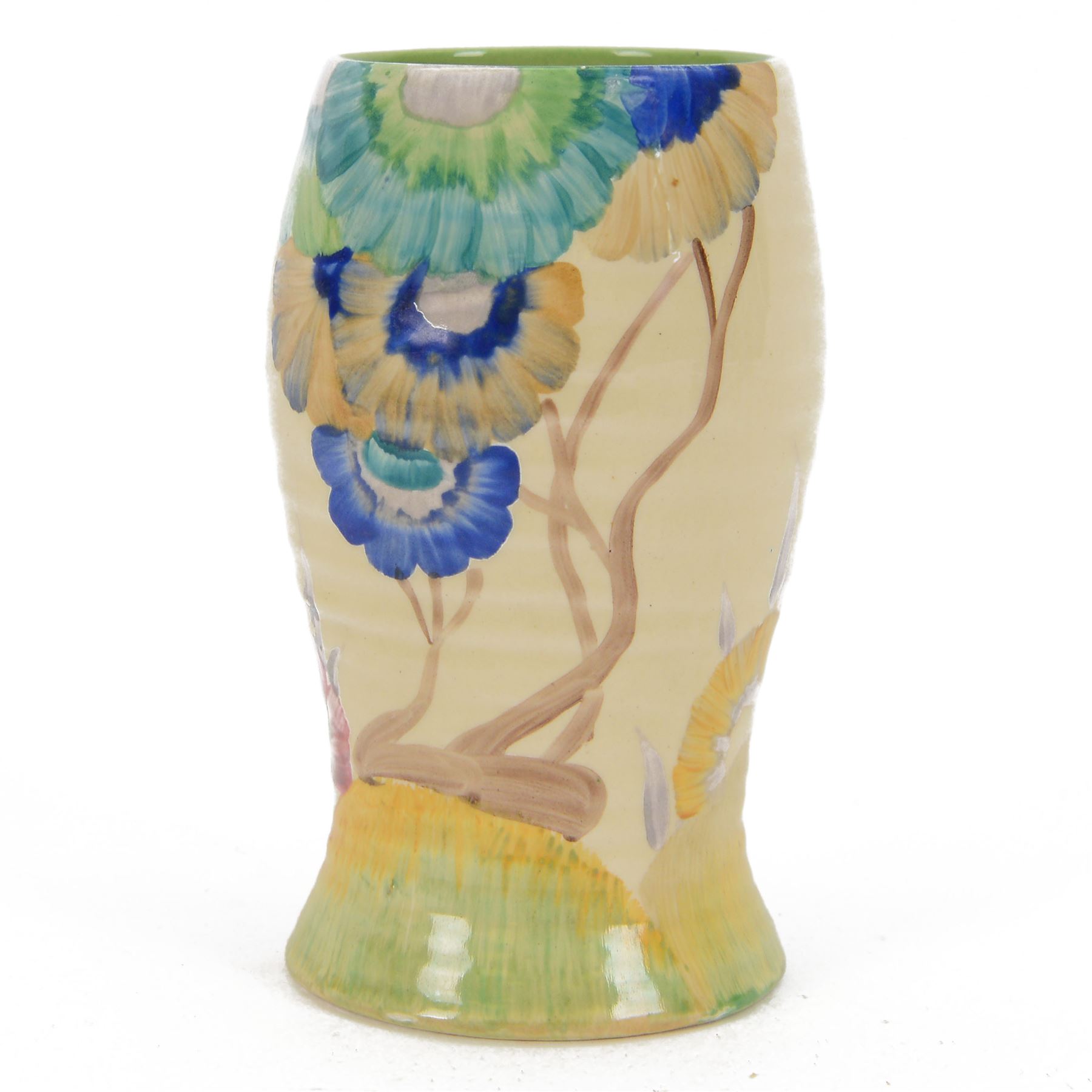 Clarice Cliff Bizarre Rhodanthe pattern vase, shape 583, with green, red, yellow and brown foliate decoration, H15cm