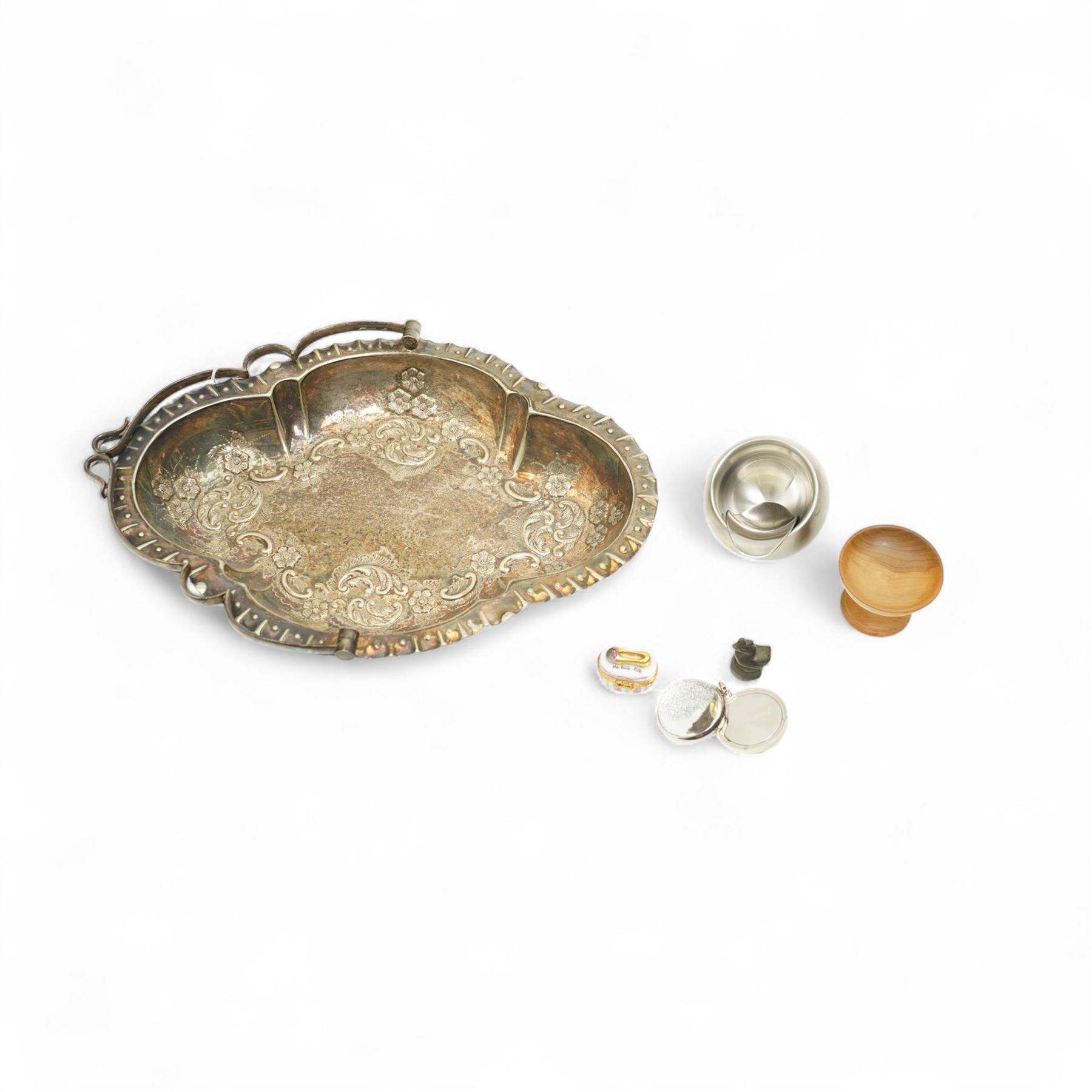 James Dixon & Sons silver plated dish/basket, together with an opium weight in the form of a chicken, Georg Jensen steel salt cellar, and other small items including Baccarat item