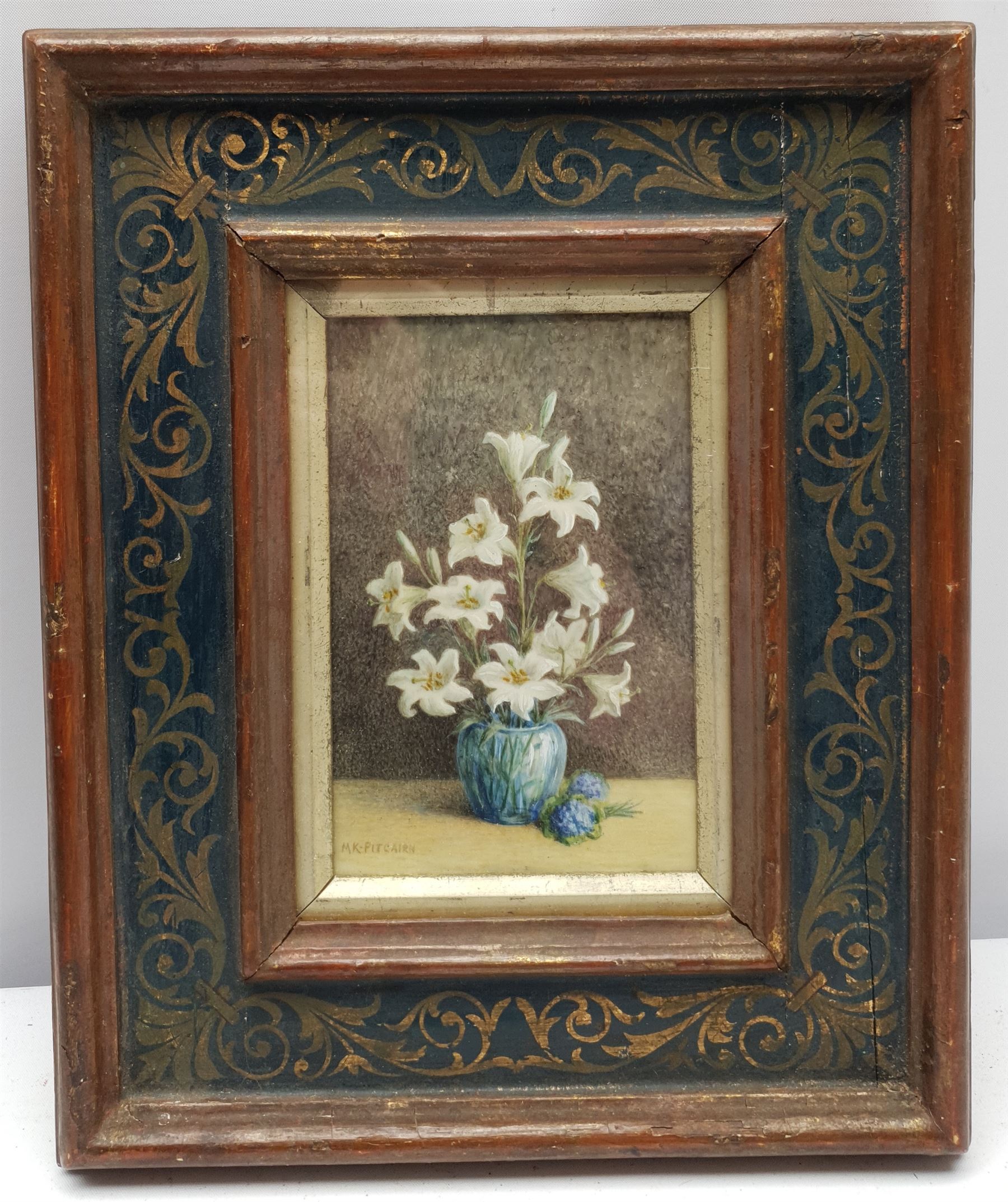 M K Pitcairn (20th century): Still Life of Lillies, miniature on ivory signed 13cm x 8cm