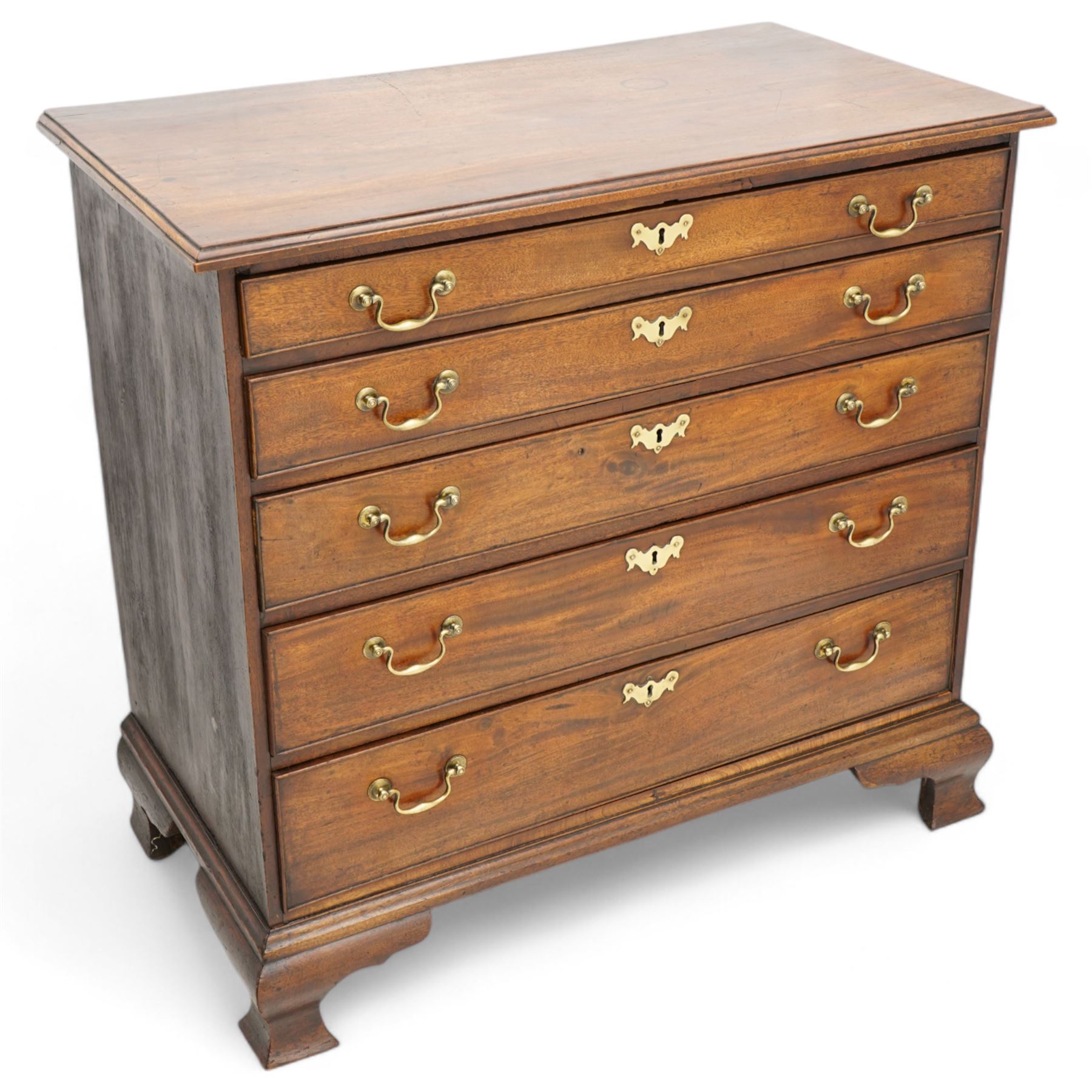 George III mahogany chest, moulded rectangular top over five long cock-beaded drawers, each fitted with brass swan neck handles and circular plates, with shaped brass escutcheons, lower moulding over ogee bracket feet 