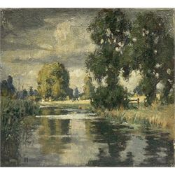 Francis G Wood (British exh.1906-1907): River Cherwell, oil on canvas laid on board signed with monogram, indistinctly titled verso 19cm x 21cm (unframed)
Provenance: part of a collection from the artist's family. Francis was Headmaster of the Penzance School of Art, taking over from William Henry Knight in 1916. For four years he built it up successfully and was highly respected for being one of the 'best art teachers in the West of England'.  