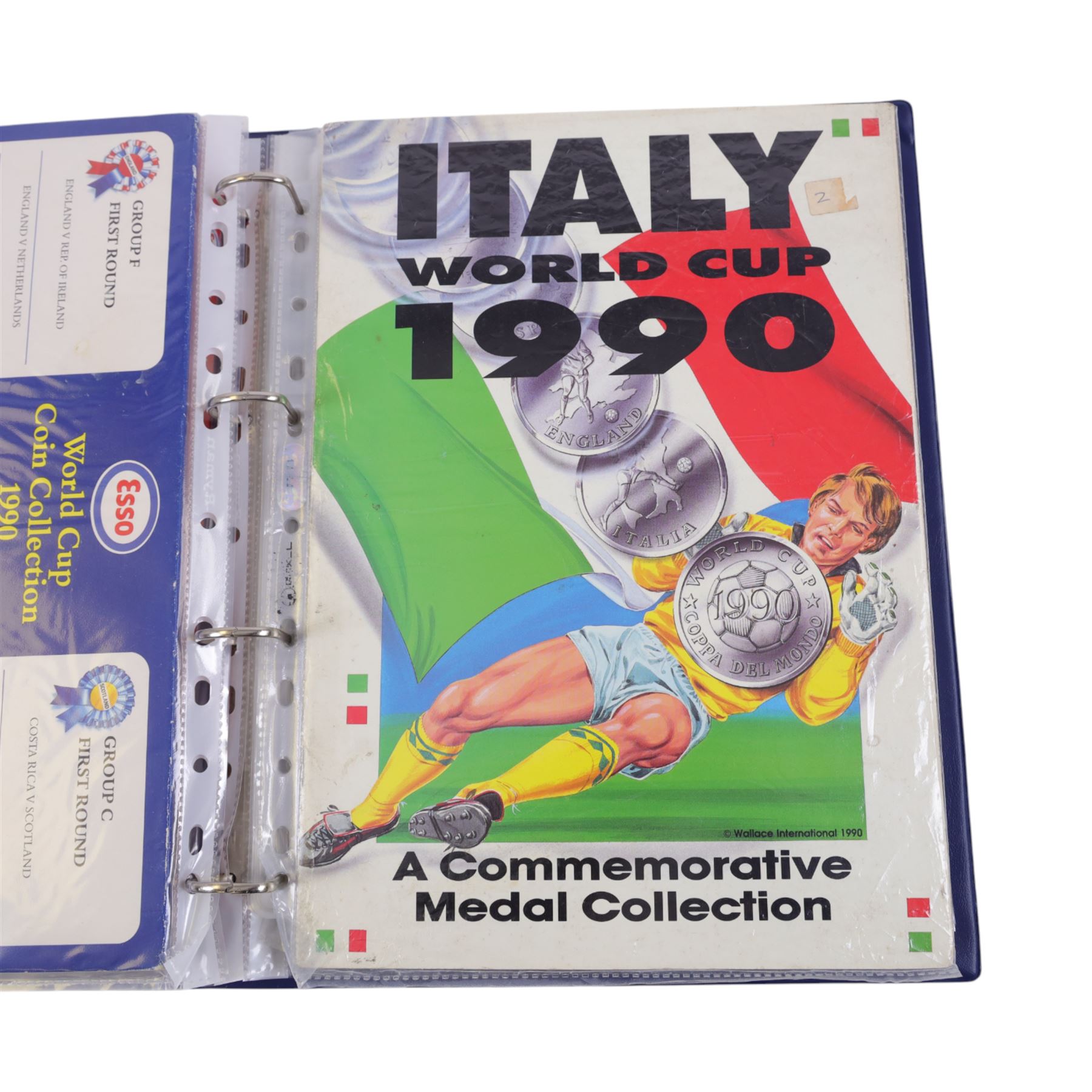 Collection of Football related trading cards, stickers and coins, including 1990 Esso World Cup Coin Collection, an empty 2010 Esso Official England Medal Collection Folder, incomplete 1990 Italy World Cup Commemorative Medal Collection, 1998 The Official England Squad Medal Collection, 1970s Topps All Stars Cards, 1992 Panini Official Football Players cards, Euro 2008 Collectors Binder and Cards, Panini 2009/10 Champions League Stickers, etc housed in four folders