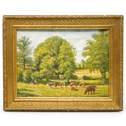 Attrib. Rowland Hill (Northern Irish 1919-1979): Cattle Grazing, oil on canvas laid onto board signed and dated 1947, 25cm x 34cm