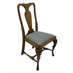 Late 20th century oak dining table, rectangular top with two draw leaf extensions, on turned supports united by moulded hayrake stretchers (180cm - 278cm x 90cm, H76cm); set of eight (6+2) oak dining chairs, shaped cresting rail over shaped splat back, upholster drop-in seat, on cabriole supports united by turned H-shaped stretchers 