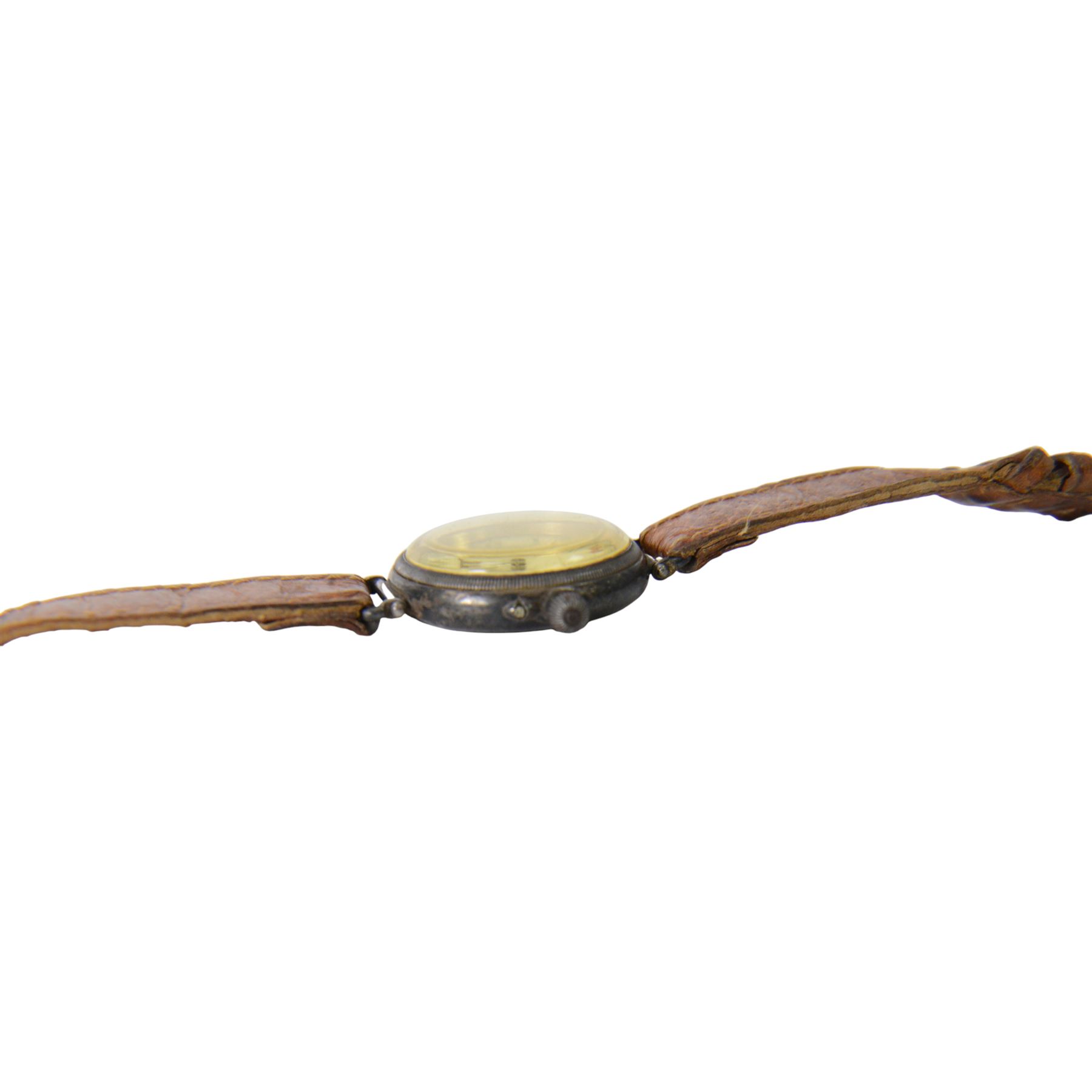 Silver cased trench watch enamel dial with Roman numerals, red XII, Longines movement, used in the Boer war, inscribed to the back 'E M Everitt From W.E Everitt 1882' 