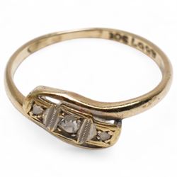 9ct white gold jade buckle / brooch, 9ct gold three stone diamond ring, stamped and an 8ct gold agate brooch