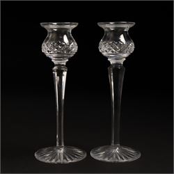 Stuart crystal Beaconsfield pattern claret jug with silver plated cover, matching water jug and pair of candlesticks