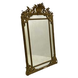 19th century giltwood and gesso pier mirror, shell cartouche pediment decorated with flower heads and scrolling foliage, two bird motifs to each side, egg and dart moulded frame with beaded inner slip, plain mirror plate, each corner mounted by scrolled acanthus leaves and cartouches