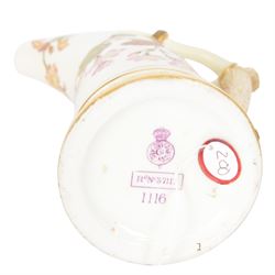 Four Royal Worcester tusk jugs of curved cylindrical form, the handle in the form of a gilded deer's antler, all decorated with floral sprigs, with puce marks beneath and numbered 1116, largest H29cm