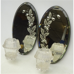  Pair late 19th century oval mirrored back wall sconces, with engraved acorn decoration and Venetian style glass sconces, H30.5cm   