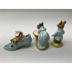 Seven Beswick Beatrix Potter figures, comprising, The old woman who lived in a shoe, Anna Maria, Samuel Whiskers, Johnny Town-Mouse, Timmy Tiptoes, Goody Tiptoes and Squirrel Nutkin, all with printed mark beneath 