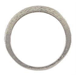 Early-mid 20th century platinum channel set diamond half eternity ring,  with engraved decoration to the sides and shank, stamped Platinum