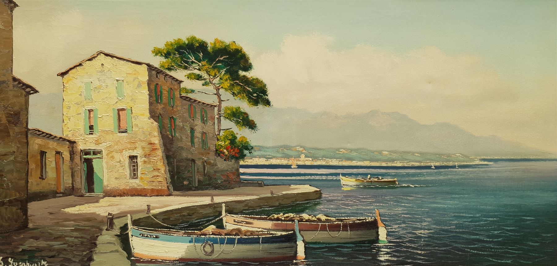 G Guerbuert (Continental 20th century): Mediterranean Quayside, oil on canvas indistinctly signed 38cm x 78cm