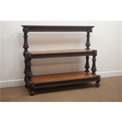  Victorian carved oak three tier buffet stand, turned supports, W133cm, H112cm, D49cm  