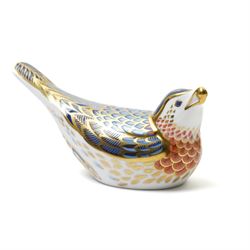 Royal Crown Derby paperweights, comprising Bluebird, Partridge, and Farmyard Cockerel, with gold stoppers, boxed (3)